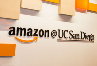 Amazon logo on wall of package hub inside the UC San Diego bookstore