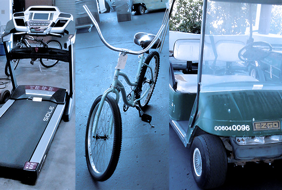 surplus items, treadmill, beach cruiser, electric golf cart