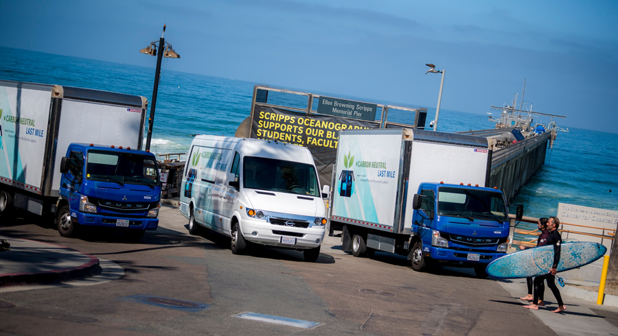 UC San Diego Integrated Procure-to-Pay Solutions Logistics Carbon Neutral Last Mile electric fleet in front of Scripps Pier