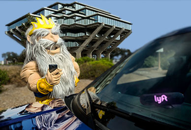 king triton hailing a lyft in front of geisel library