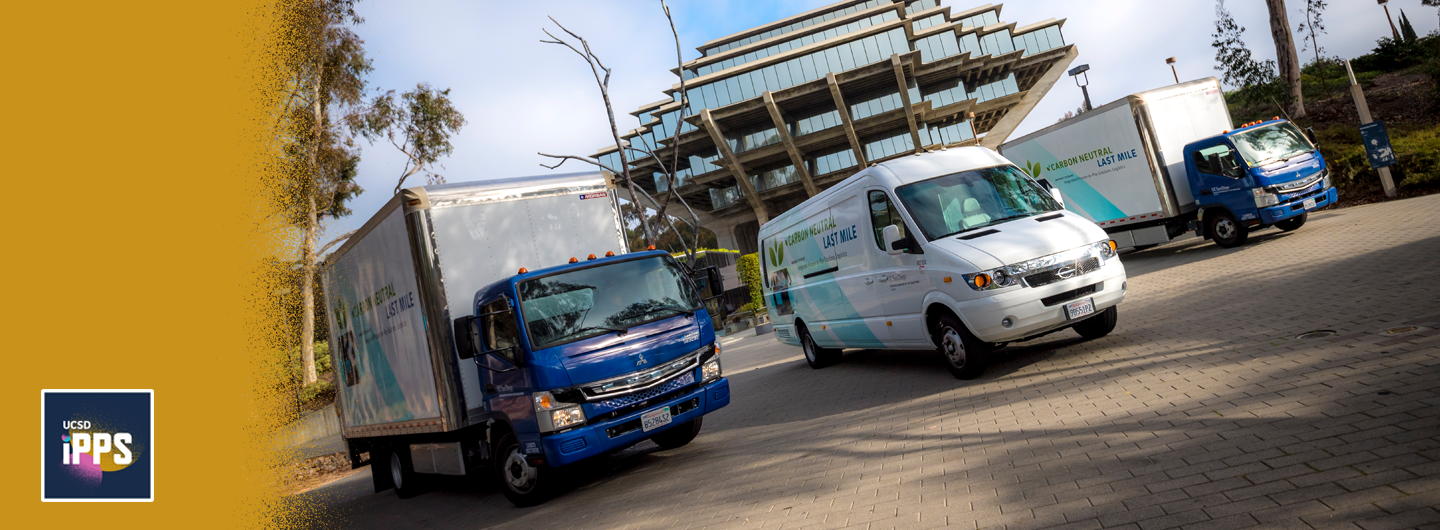 Image of the IPPS Logistics electric fleet in front of Geisel Library